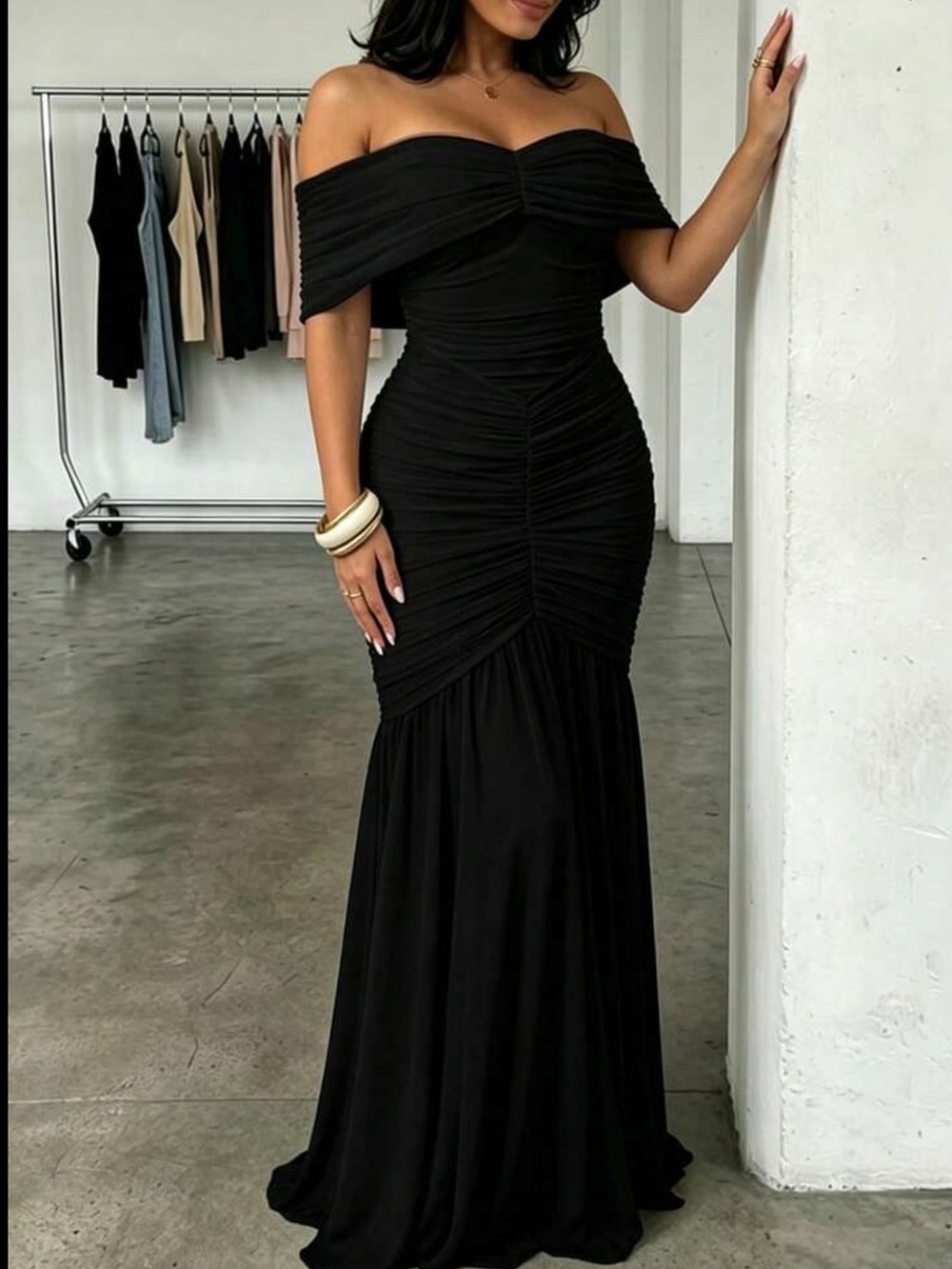 Off-Shoulder Black  Ruched Maxi Dress